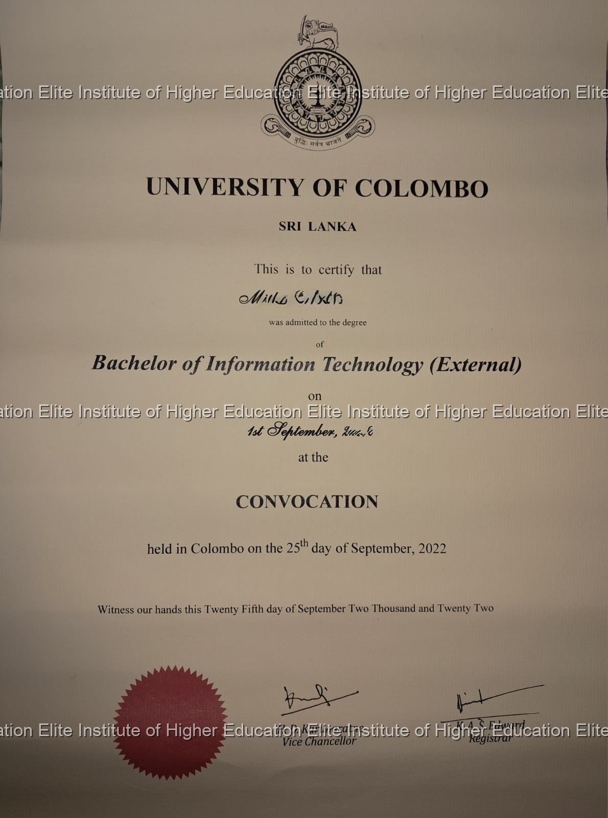 BIT Certificate Front Sample